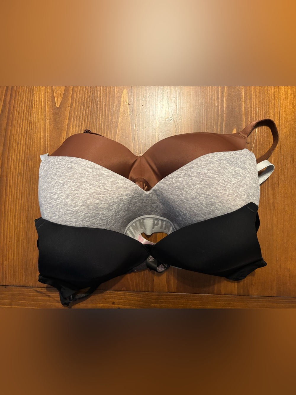3 PINK Victoria's Secret Smooth— Brown, Black, and Gray Bras